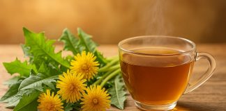 Păpădia – comoara ascunsă din grădină care îți poate sprijini ficatul, digestia și energia zilnică Frunze și flori de păpădie proaspete, cu o cană de ceai cald pe masă rustică.