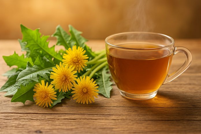 Frunze și flori de păpădie proaspete, cu o cană de ceai cald pe masă rustică.