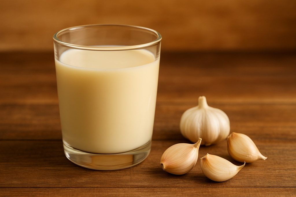 Fotografie luminoasă, rustică, cu un pahar de lapte cald și câțiva căței de usturoi așezați pe o masă din lemn, fundal cald și natural.
