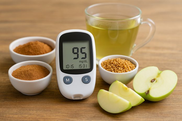 Condimente și alimente benefice pentru diabet de tip 2, alături de aparat pentru măsurarea glicemiei.