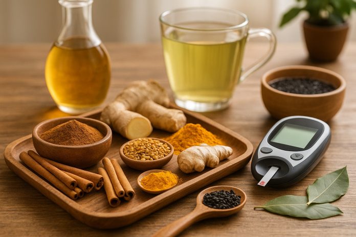 Condimente naturale precum scorțișoară, turmeric, ghimbir, cuișoare și semințe de schinduf, benefice pentru reglarea glicemiei în diabetul de tip 2