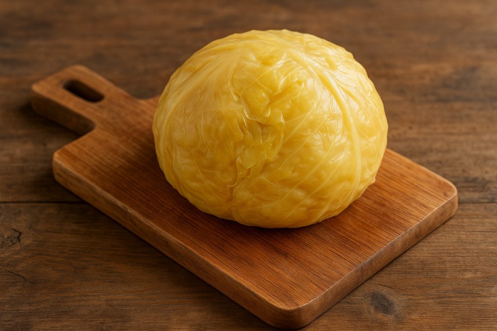 Farfurie albă cu varză acră pe masă rustică din lemn