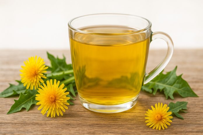 Ceașcă cu ceai de păpădie alături de flori și frunze – băutură naturală pentru detoxifiere, ficat și piele sănătoasă.