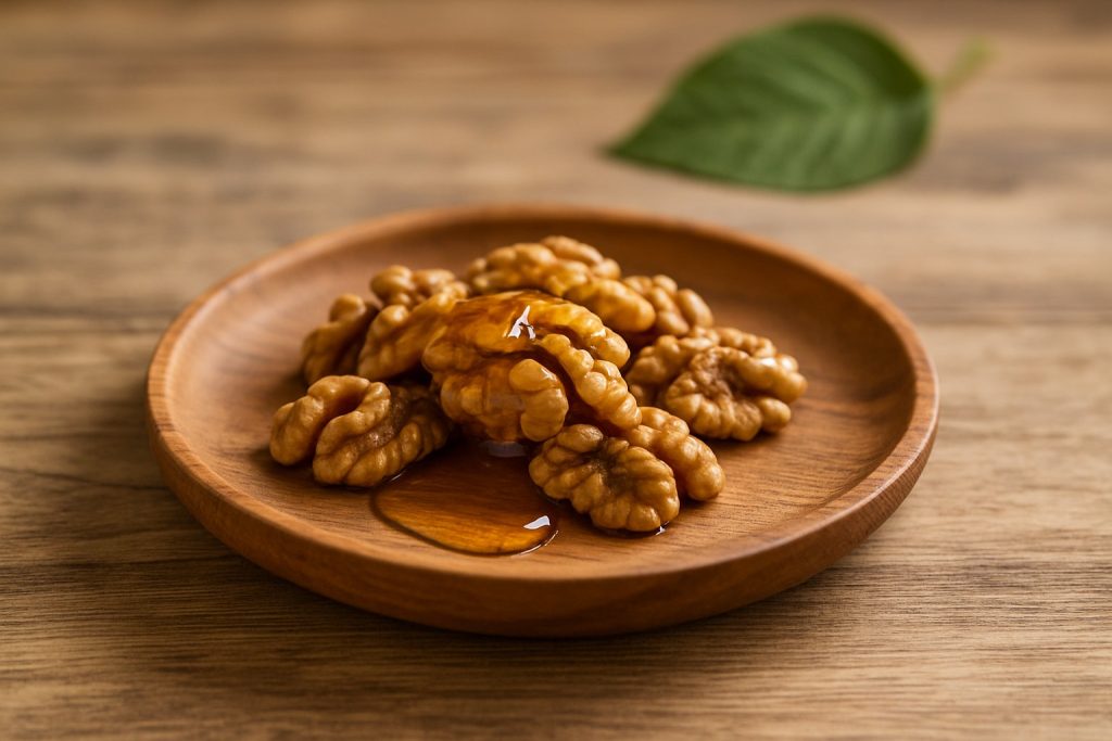 Nuci cu miere pe o farfurie rustică, simbol al nutriției pentru inimă, creier și stomac