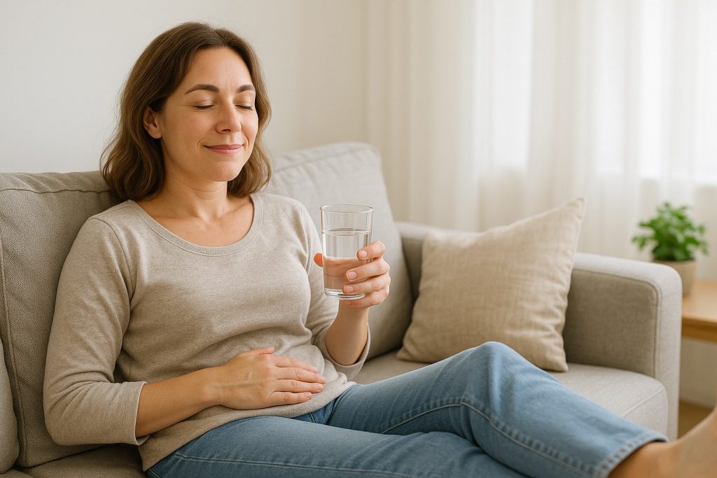 Femeie relaxată, cu picioarele ridicate, bând apă pentru a reduce retenția de lichide.