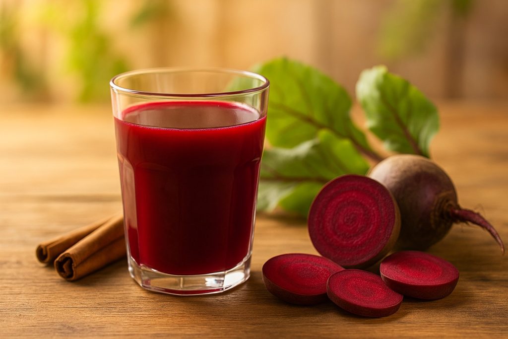 Pahar de suc roșu vibrant de sfeclă roșie, cu sfeclă proaspătă feliată alături pe fundal rustic