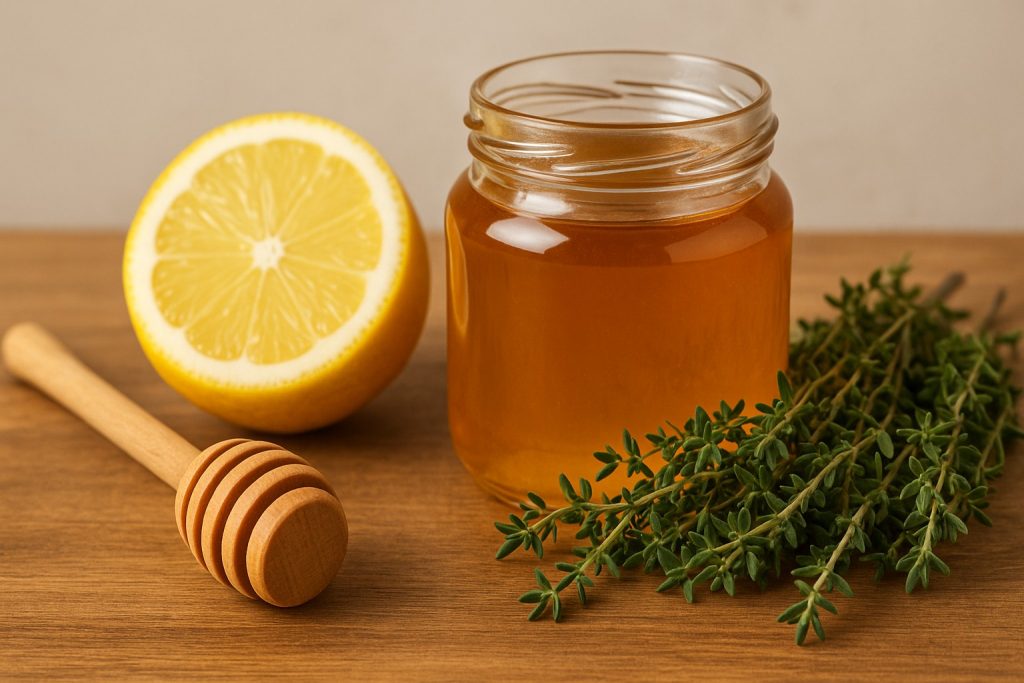 Borcan cu miere, jumătate de lămâie și crenguțe de cimbru pe o masă din lemn – remediu natural pentru plămâni și imunitate.
