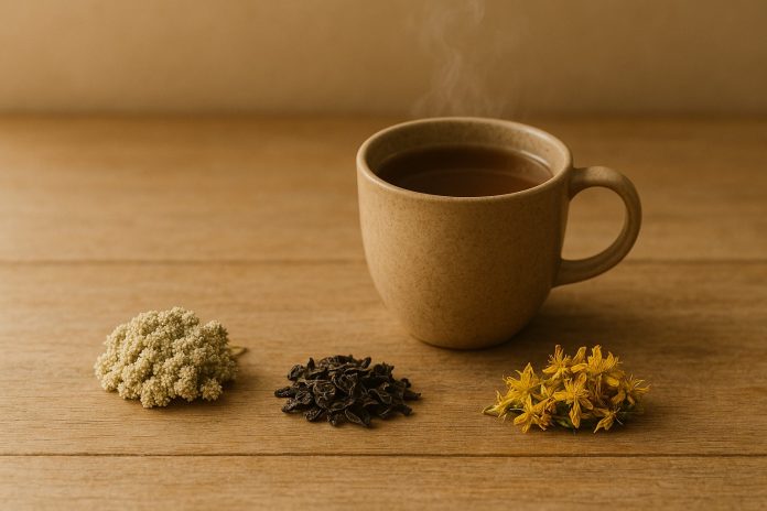 Cana de ceai aburindă lângă plante uscate – coada șoricelului, fucus și sunătoare – remediu natural pentru metabolism și siluetă.