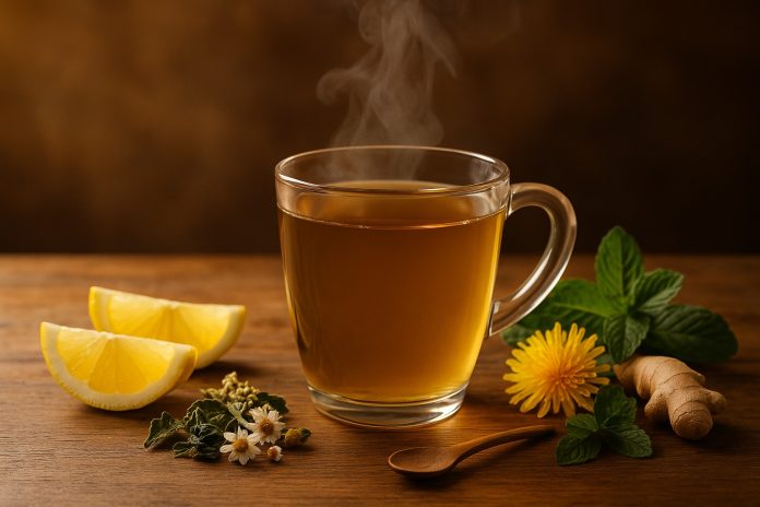 ceai-ficat-slabire.jpg Cană cu ceai de plante benefic pentru ficat și slăbire, consumat seara.