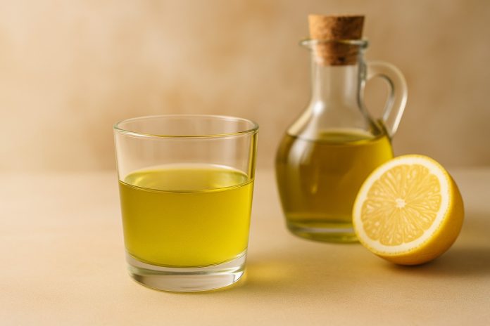 Amestec de ulei de măsline și zeamă de lămâie într-un pahar, cu lămâie tăiată și sticlă de ulei pe fundal rustic.