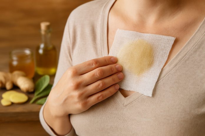 compresă cu ghimbir aplicată pe piept pentru eliminarea mucusului și calmarea tusei