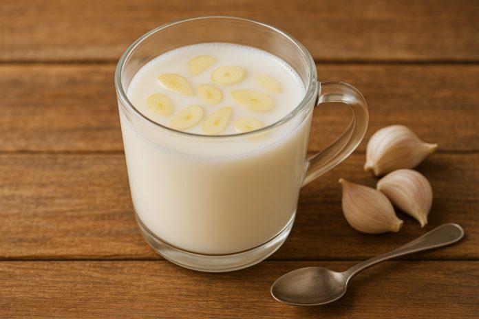 usturoi-lapte-remediu-traditional.jpg Pahar cu lapte cald și usturoi proaspăt pe masă rustică, remediu tradițional românesc