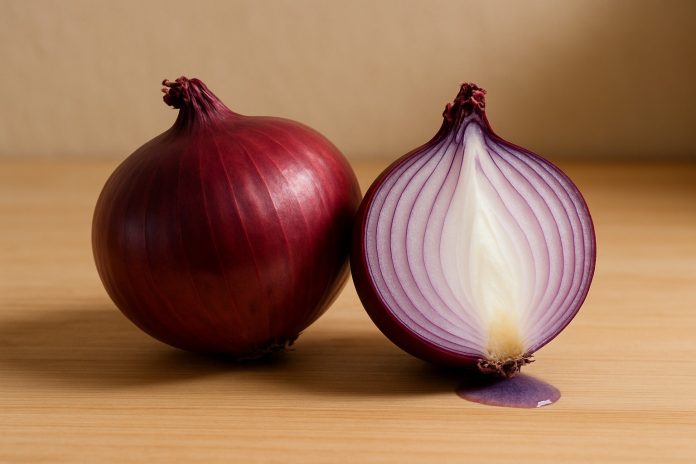 Ceapă roșie întreagă și tăiată pe jumătate, pe masă de lemn, sugerând proprietățile sale naturale benefice pentru sănătatea tiroidei.