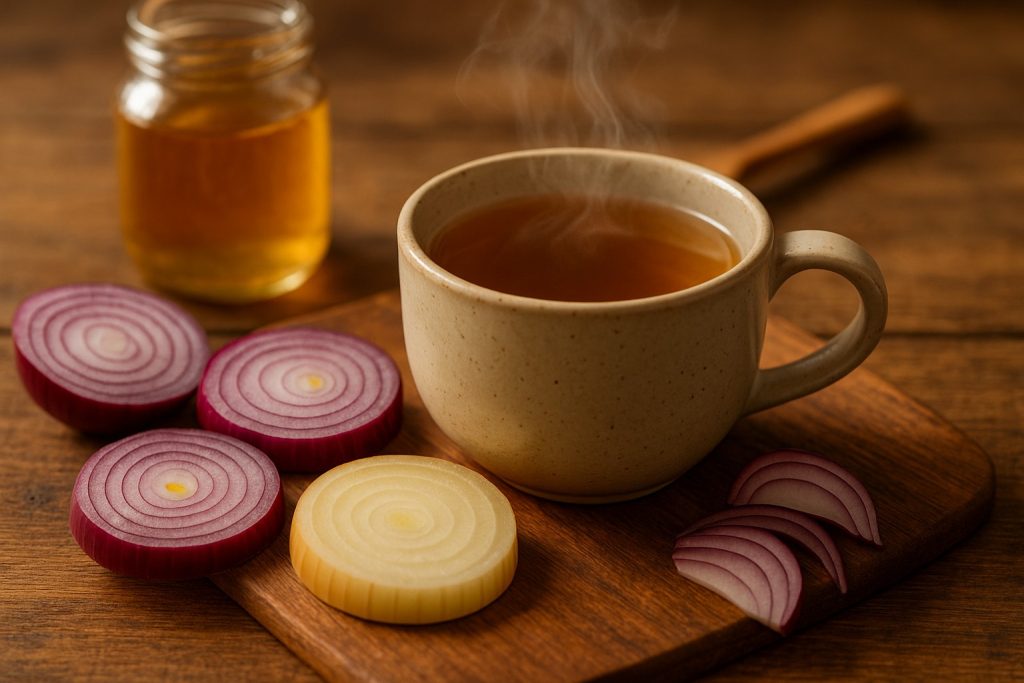Cană cu ceai de ceapă aburind, lângă felii de ceapă roșie și galbenă și un borcan de miere, pe masă rustică.