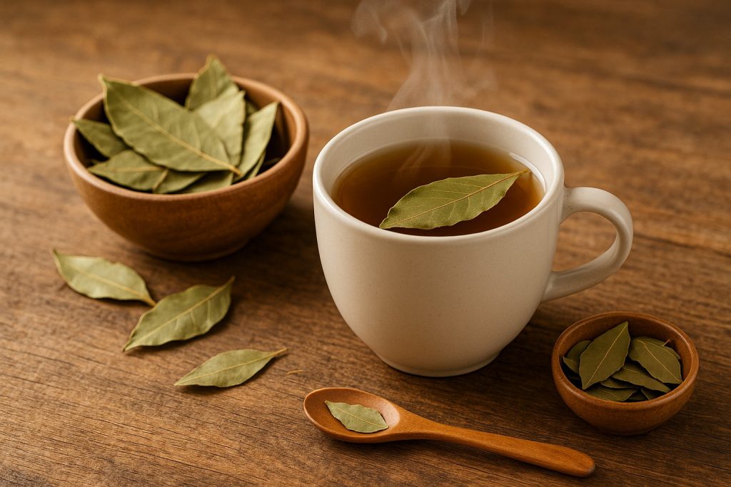 Cană cu ceai de dafin și frunze uscate pe masă rustică din lemn.