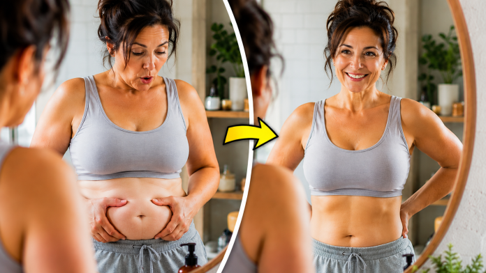 Femeie analizându-și abdomenul în oglindă, ilustrare a balonării și a metodelor simple pentru reducerea disconfortului digestiv și obținerea unui abdomen mai plat