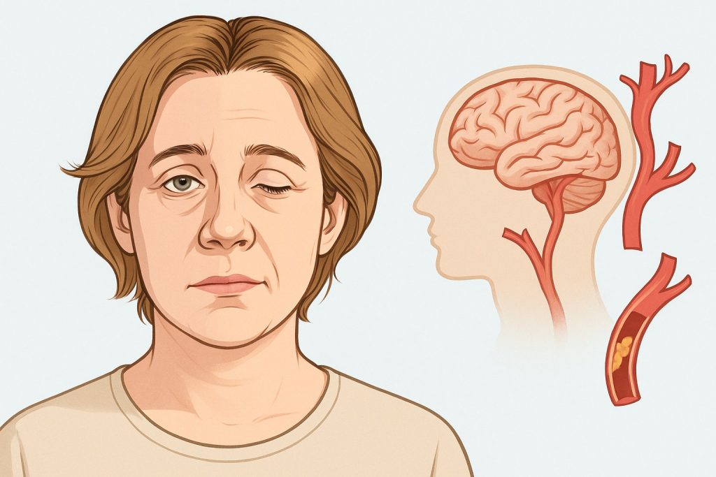 Persoană cu fața căzută pe o parte, simbol al accidentului vascular cerebral, alături de pictograme pentru braț slăbit, vorbire dificilă și urgența timpului