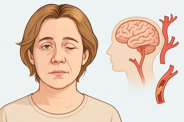 Persoană cu fața căzută pe o parte, simbol al accidentului vascular cerebral, alături de pictograme pentru braț slăbit, vorbire dificilă și urgența timpului