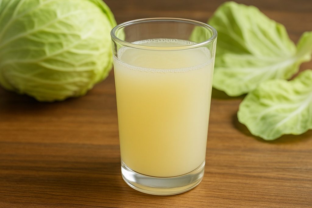 Pahar cu zeamă de varză proaspătă, remediu natural pentru digestie, detoxifiere și întărirea imunității.