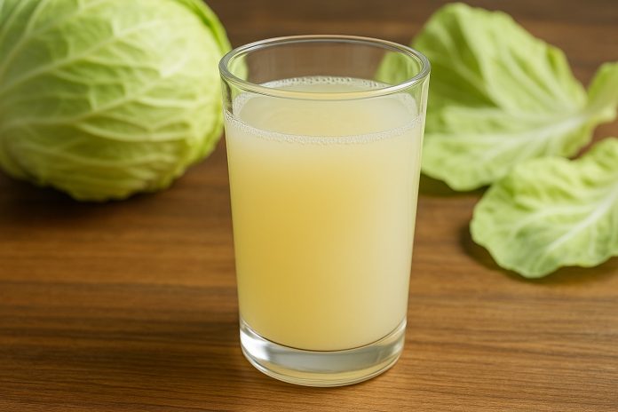 Pahar cu zeamă de varză proaspătă, remediu natural pentru digestie, detoxifiere și întărirea imunității.