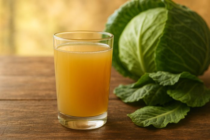 Pahar cu zeamă de varză proaspătă, băutură tradițională benefică pentru digestie și imunitate