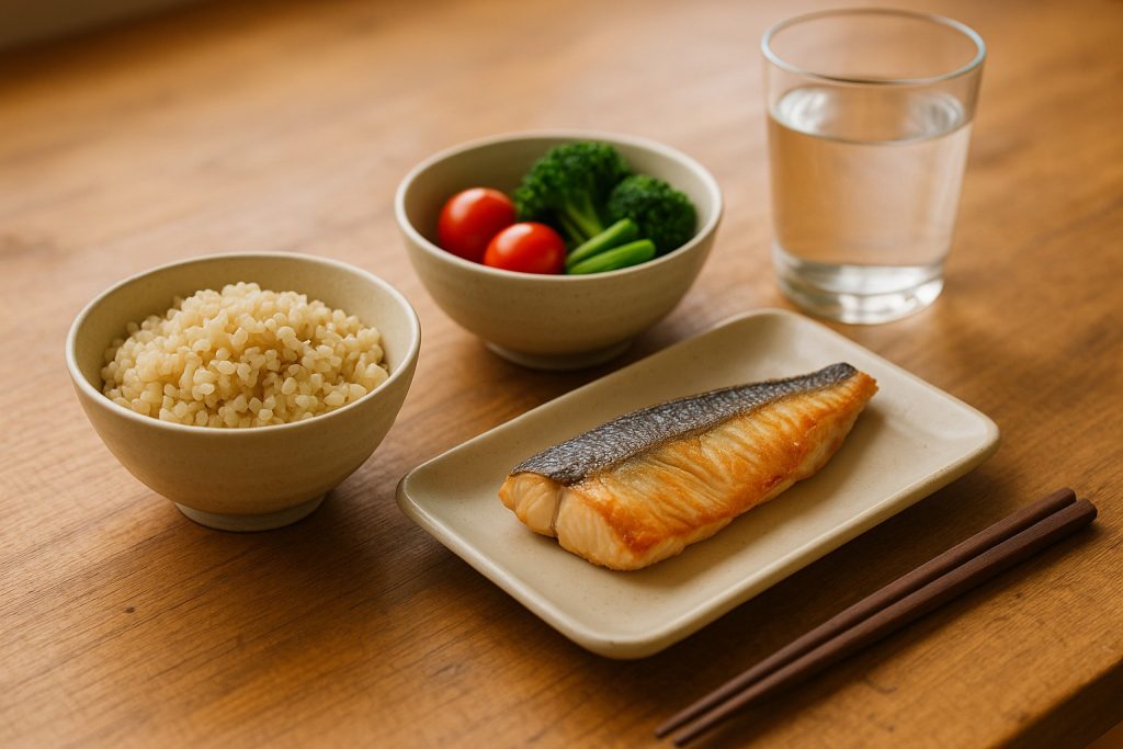 Fotografie realistă, luminoasă, cu un mic dejun japonez tradițional – bol de orez brun, pește la grătar, legume proaspete și un pahar cu apă, aranjate estetic pe o masă din lemn, atmosferă caldă, stil minimalist japonez.