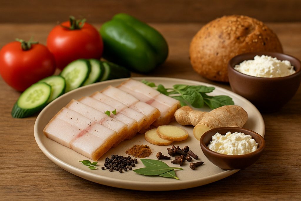 Platou cu slănină de porc servită alături de legume proaspete și pâine integrală – imagine care sugerează consum echilibrat și sănătos.