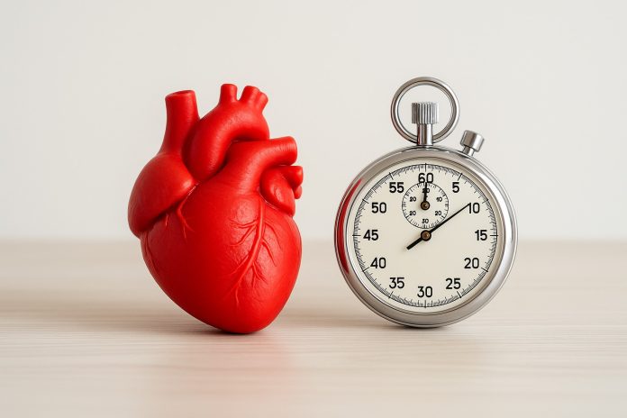 Inimă roșie realistă alături de un cronometru clasic, așezate pe o masă luminoasă, pe fundal simplu și clar.