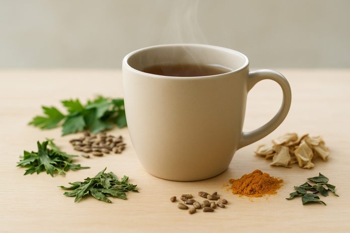 Cană cu ceai aburind pe masă de lemn, înconjurată de plante medicinale: păpădie, armurariu, anghinare, turmeric și ceai verde