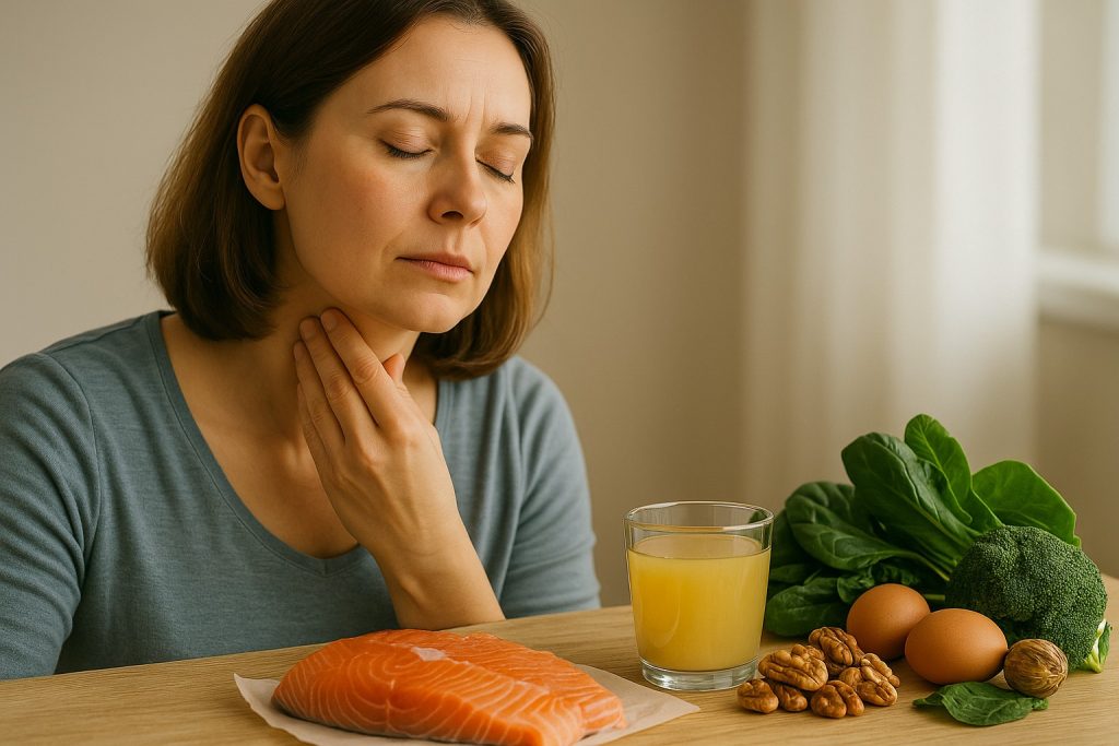 Femeie care își atinge gâtul în zona tiroidei, cu alimente sănătoase precum pește, ouă, nuci și legume verzi pe masă.