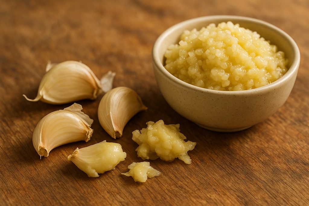 Căței de usturoi zdrobiți și tocați pe o masă rustică – modalitate corectă de consum pentru beneficii asupra sănătății.