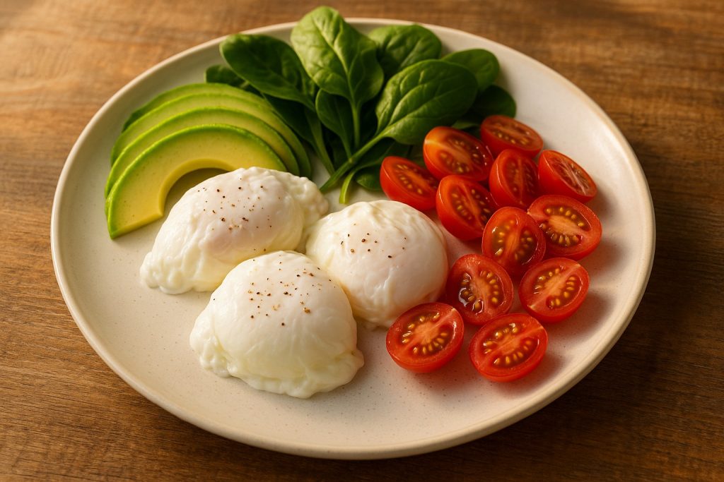 Trei ouă poșate pe farfurie alături de avocado, roșii sau spanac — simbol al unui mic dejun sănătos și energizant.