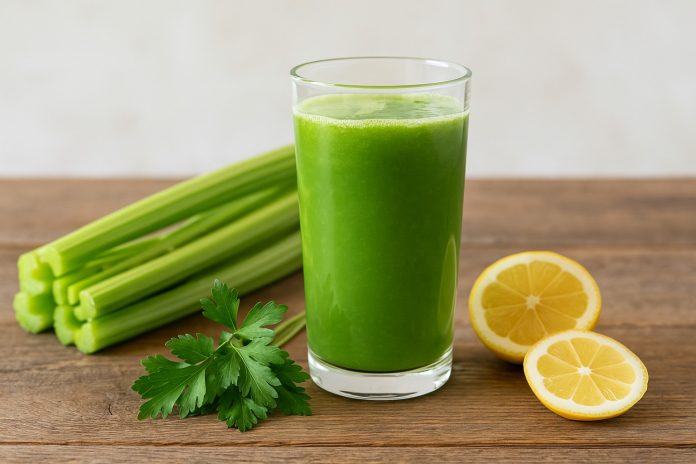 Pahar cu suc verde de țelină, lămâie și pătrunjel pe masă rustică, alături de ingrediente proaspete