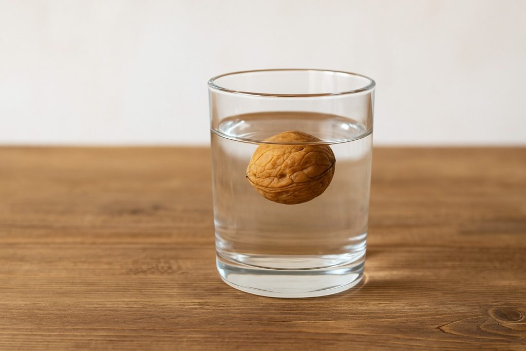 Nucă uscată într-un pahar cu apă pe masă – remediu natural pentru a reduce pofta de fumat.