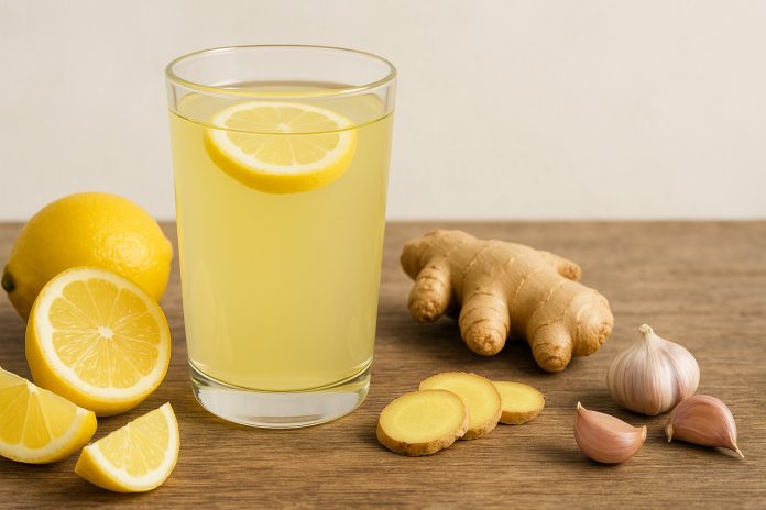 Pahar cu apă de lămâie, ghimbir și usturoi pe masă – băutură naturală pentru colon, tensiune și colesterol.