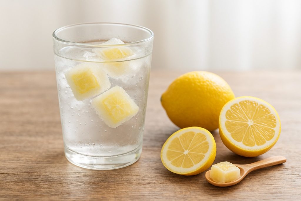 Pahar cu apă și cuburi de lămâie congelată, lângă lămâi proaspete pe masă rustică.