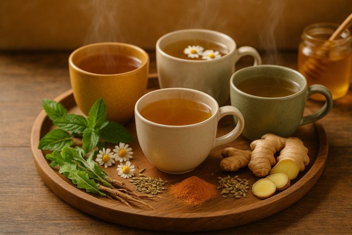 Căni cu ceaiuri de plante pentru colon iritabil, înconjurate de frunze de mentă, mușețel, ghimbir, fenicul și turmeric.