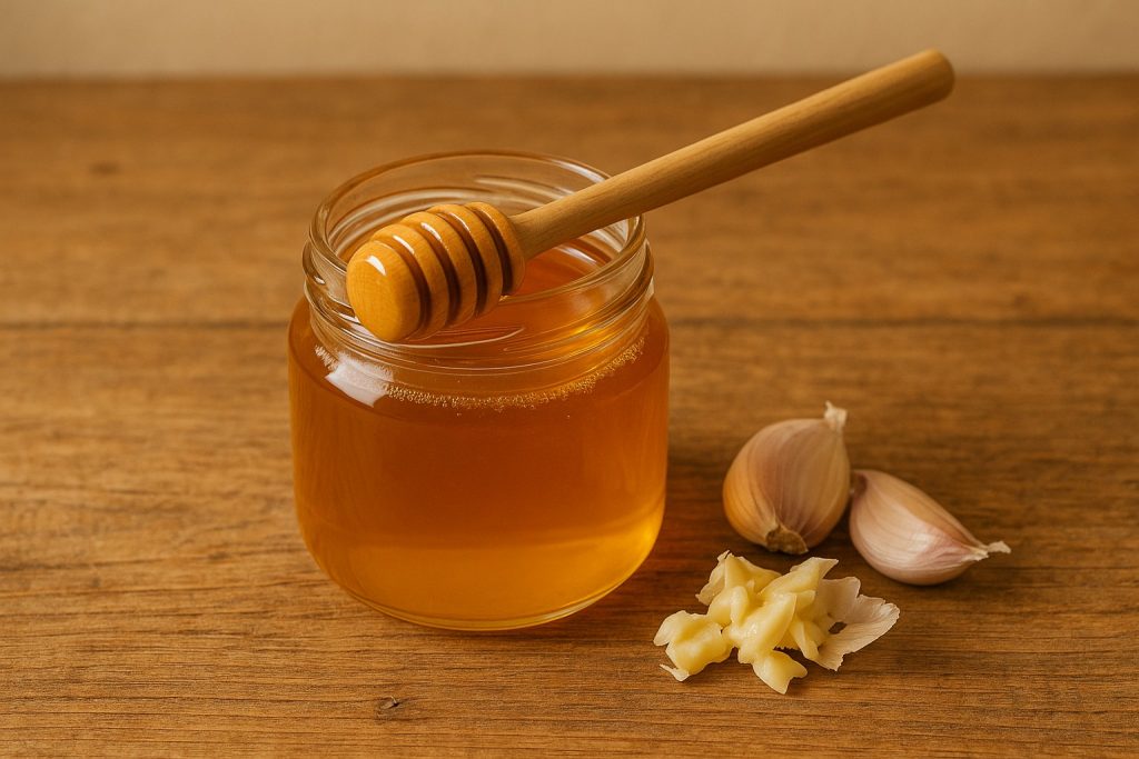 Borcan cu miere și căței de usturoi zdrobiți pe o masă rustică – remediu natural pentru sănătatea ficatului.