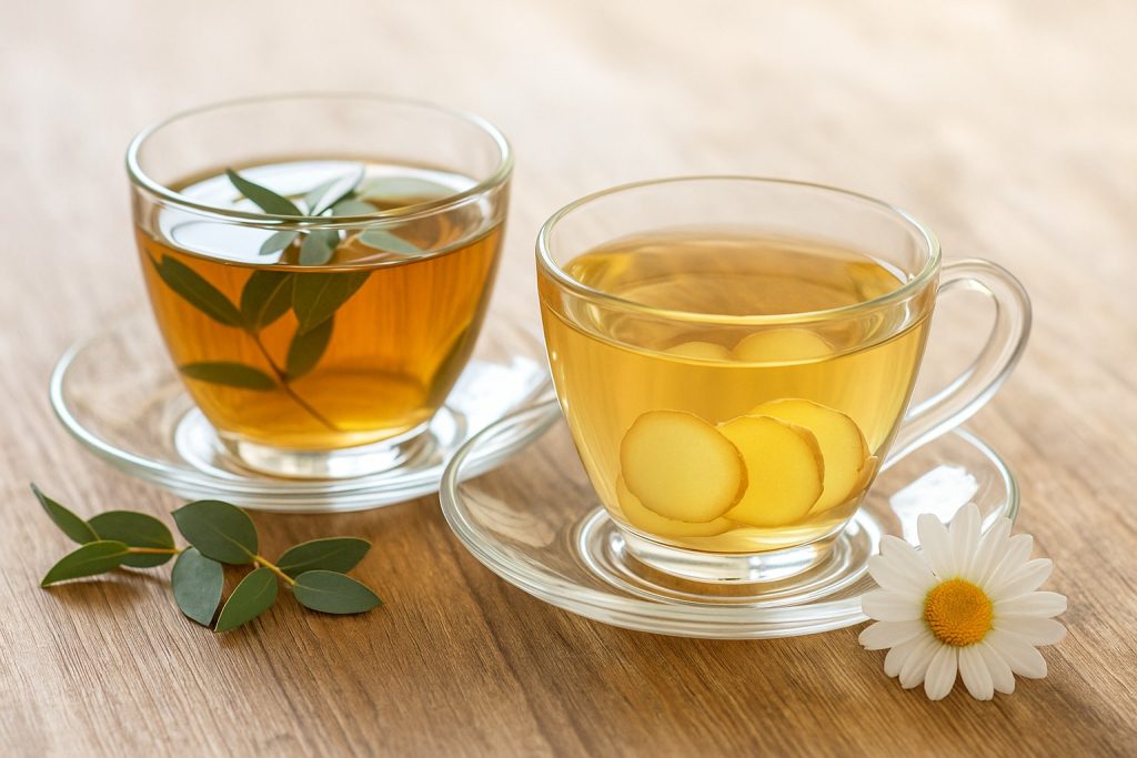 Două cești cu ceai cald, una cu ghimbir și alta cu eucalipt, lângă flori de mușețel pe o masă de lemn, inspirație pentru sprijinul plămânilor.