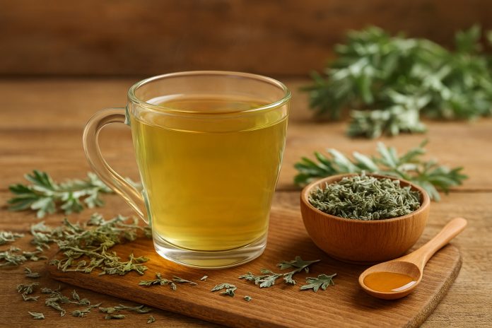 Cană cu ceai de pelin și frunze uscate pe o masă rustică, simbol al detoxifierii și sănătății naturale.