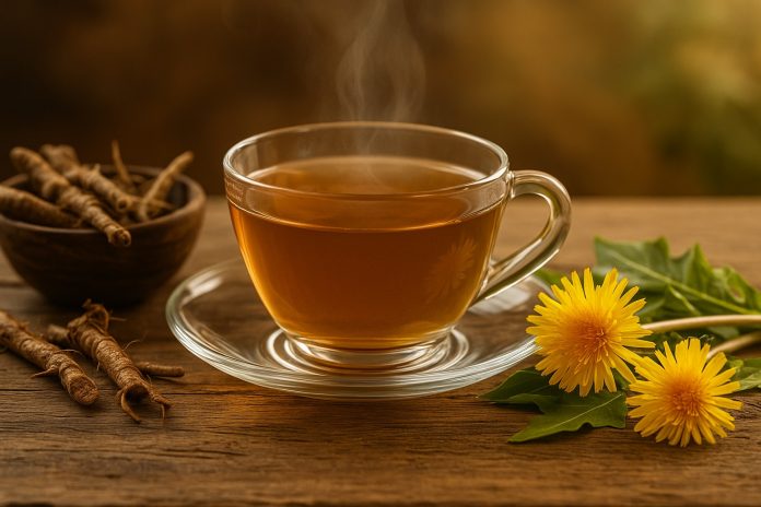 Cană cu ceai de păpădie și flori galbene proaspete, alături de rădăcini pe o masă rustică.