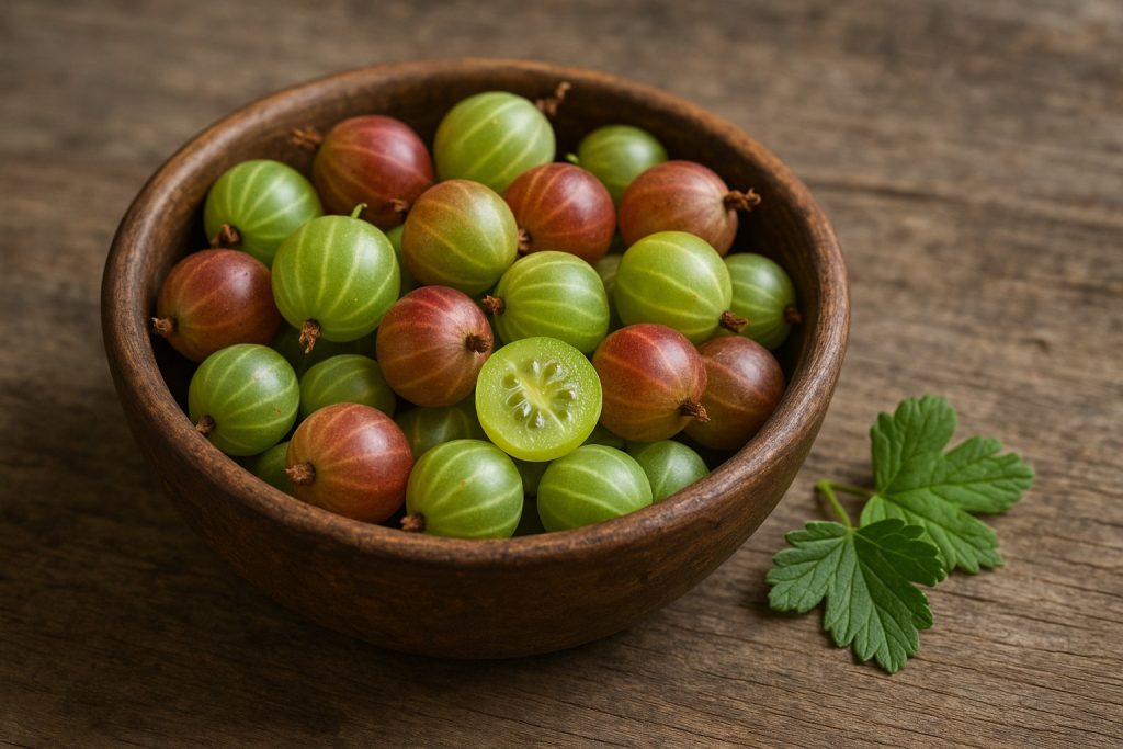 Bol cu agrișe verzi și roșii pe o masă rustică, fructe bogate în vitamina C și antioxidanți.