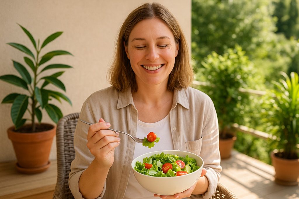 Femeie zâmbitoare savurând o salată proaspătă, simbol al alimentației sănătoase pentru reducerea balonării.