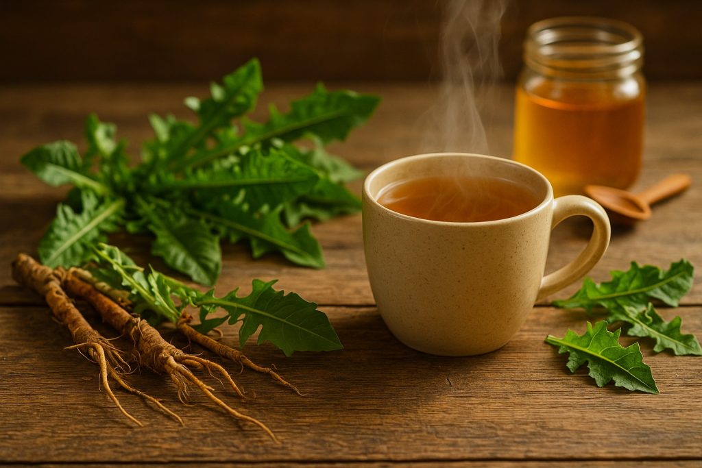 Cană ceramică cu ceai de păpădie aburind, alături de rădăcini și frunze proaspete de păpădie, pe o masă rustică din lemn, cu borcan de miere și linguriță de lemn în fundal, în lumină naturală caldă.