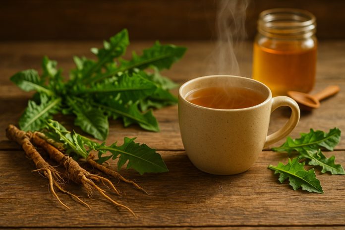 Cană ceramică cu ceai de păpădie aburind, alături de rădăcini și frunze proaspete de păpădie, pe o masă rustică din lemn, cu borcan de miere și linguriță de lemn în fundal, în lumină naturală caldă.