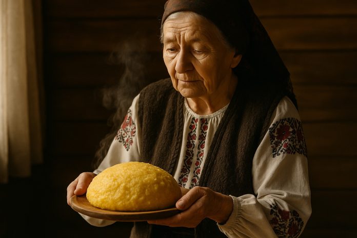 Bunică tradițională românească, îmbrăcată rustic, ținând o mămăligă galbenă aburindă, pe fundal cald, autentic