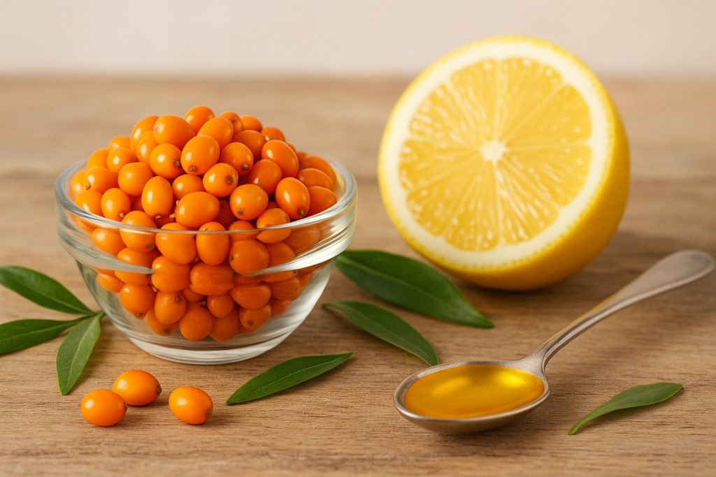 Bol cu fructe de cătină, linguriță cu ulei și elemente naturale – sprijin naturist pentru sănătatea prostatei, stomacului și colonului.