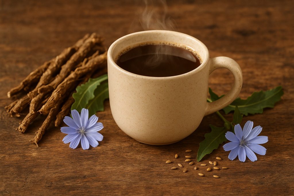 Cană cu cafea de cicoare, rădăcini uscate și frunze verzi pe masă rustică