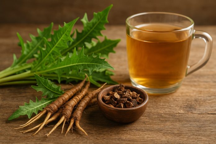 radacina-papadie-beneficii Rădăcini de păpădie proaspete și uscate lângă o cană cu ceai de păpădie, pe masă rustică.