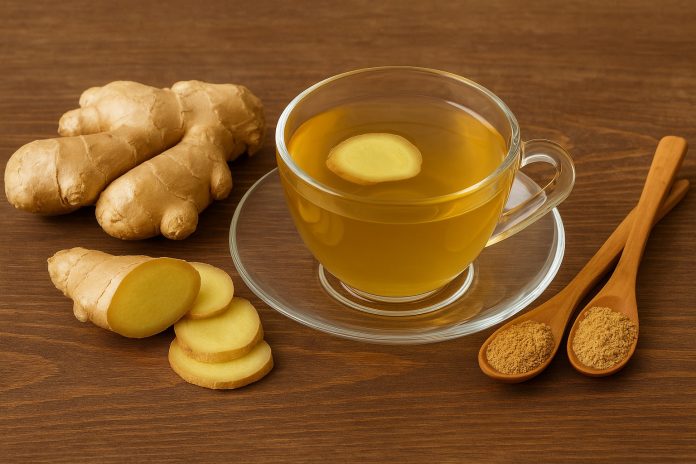 Cană transparentă cu ceai de ghimbir, alături de rădăcină proaspătă de ghimbir, felii și pudră, pe masă rustică din lemn.